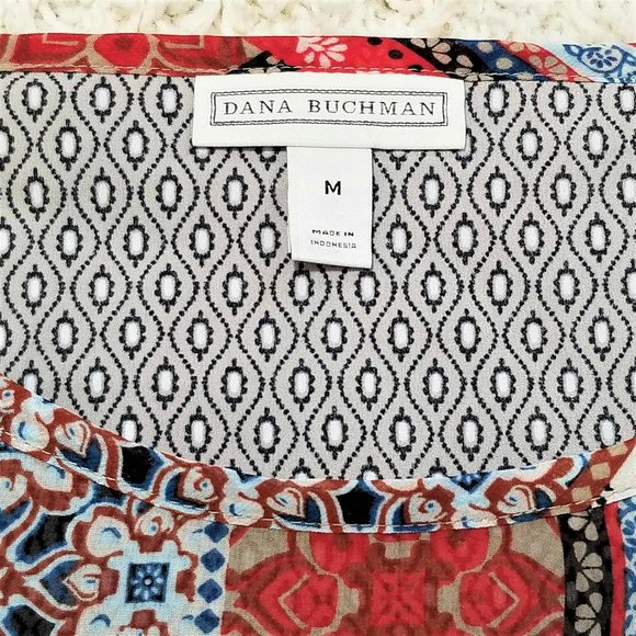 Top, Blouse. Red, Tan, Blue, White, Multi Print. Dana Buchman Brand. - Picture 14 of 16